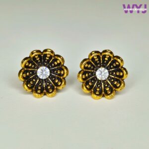 Antique Gold Floral Stud Earrings with Stone Center