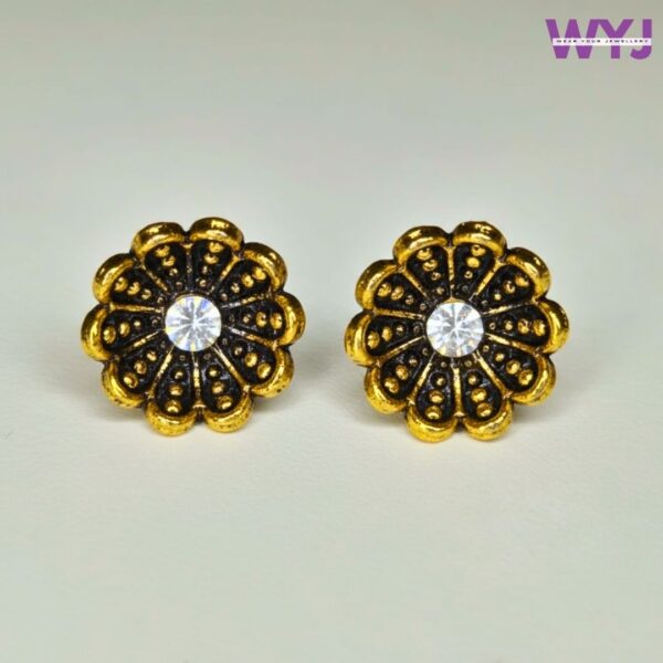 Antique Gold Floral Stud Earrings with Stone Center