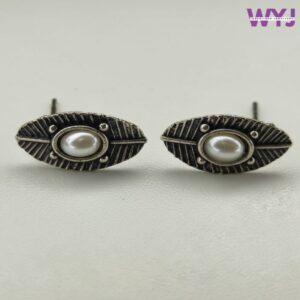 Antique Silver Pearl Stud Earrings for Women | Vintage Oxidised Leaf Design Earrings
