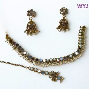 Antique Kundan Mirror Work Jewellery Set with Earrings & Maang Tikka