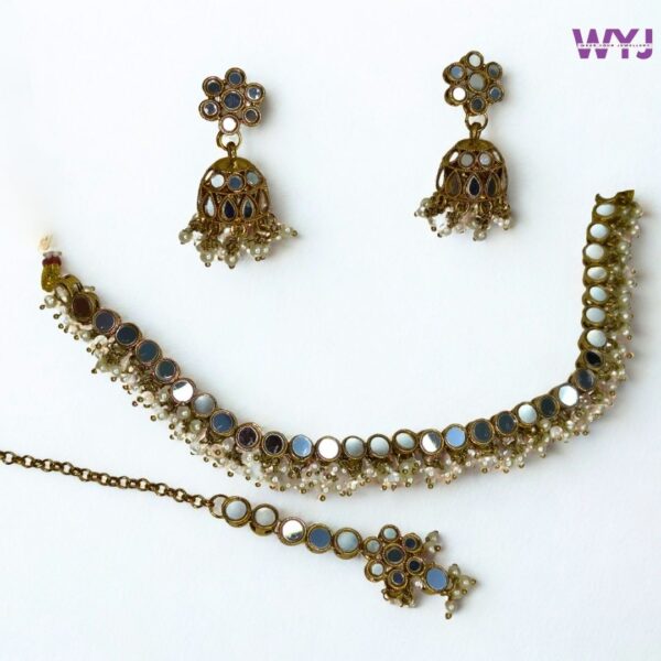 Antique Kundan Mirror Work Jewellery Set with Earrings & Maang Tikka