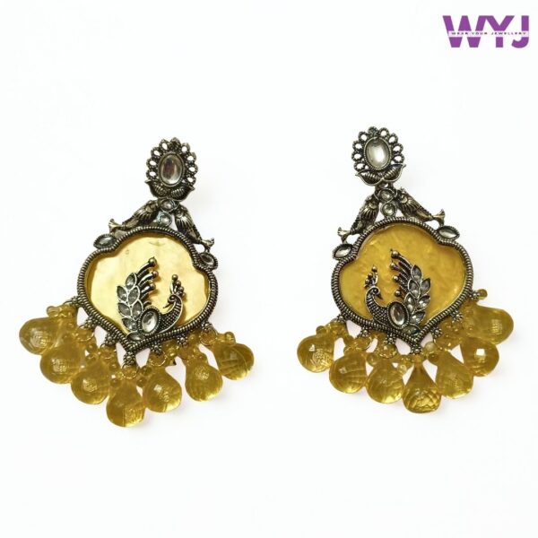 Oxidised Peacock Yellow Drop Earrings | Festive Ethnic Jewellery