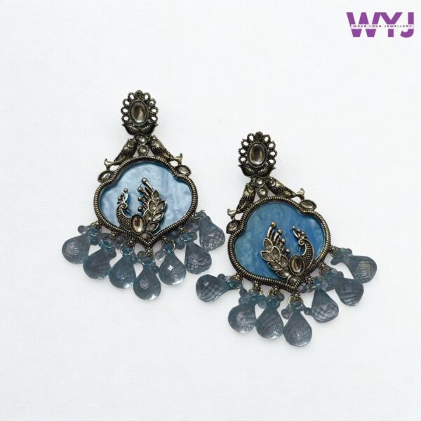 Antique Silver Finish Grey Peacock Earrings with Beaded Drops – Ethnic Statement Jewellery for Women