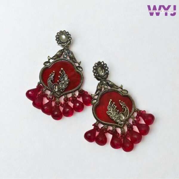 Antique Silver Finish Red Peacock Earrings with Beaded Drops – Traditional Ethnic Jewellery for Women
