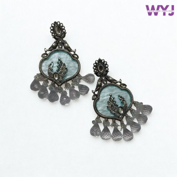 Antique Silver Finish Grey Peacock Earrings with Beaded Drops – Ethnic Statement Jewellery for Women
