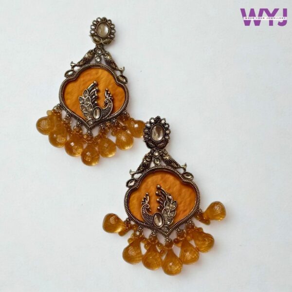 Antique Silver Finish Yellow Peacock Earrings with Beaded Drops – Ethnic Statement Jewellery for Women