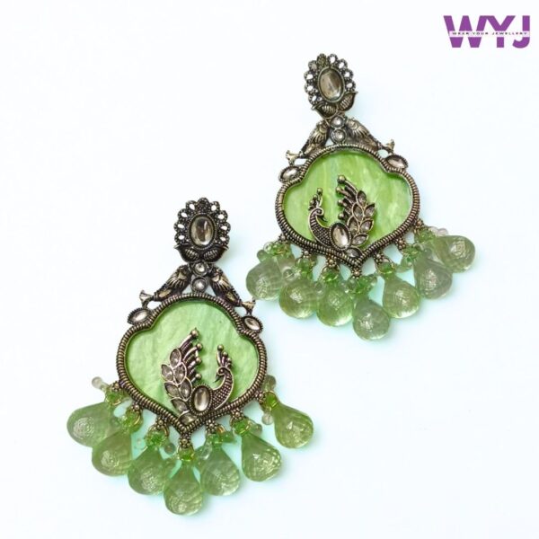 Oxidised Peacock Green Drop Earrings | Traditional Statement Jewellery