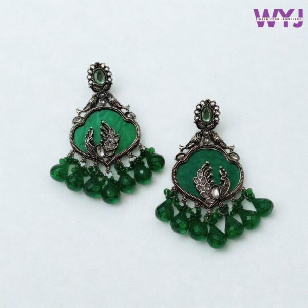 Oxidised Peacock Green Drop Earrings | Festive Ethnic Jewellery