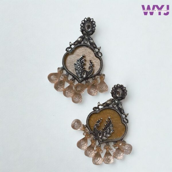 Oxidised Peacock Beige Drop Earrings | Antique Ethnic Jewellery