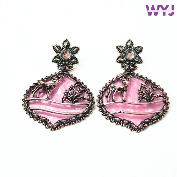 Antique Oxidised Deer Design Earrings with Pink Stone – Nature Inspired Statement Jewellery