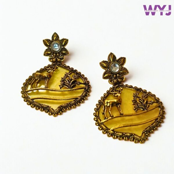 Antique Gold Deer Design Earrings with Yellow Stone – Ethnic Statement Jewellery
