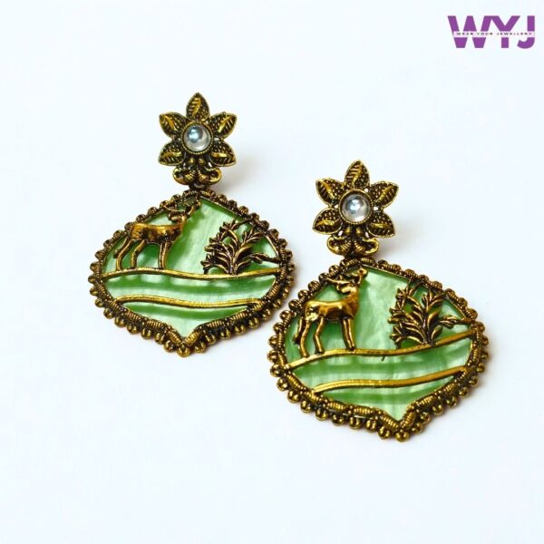 Antique Gold Deer Design Earrings with Green Stone – Oxidised Ethnic Statement Jewellery