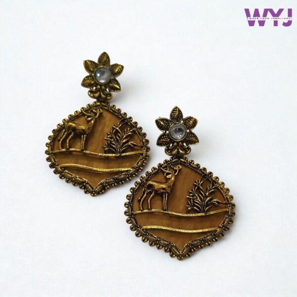 Antique Gold Deer Design Earrings with Brown Stone – Traditional Oxidised Statement Jewellery