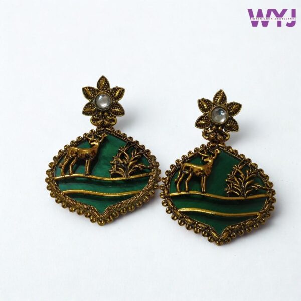 Antique Gold Deer Design Earrings with Dark Green Stone – Oxidised Ethnic Statement Jewellery