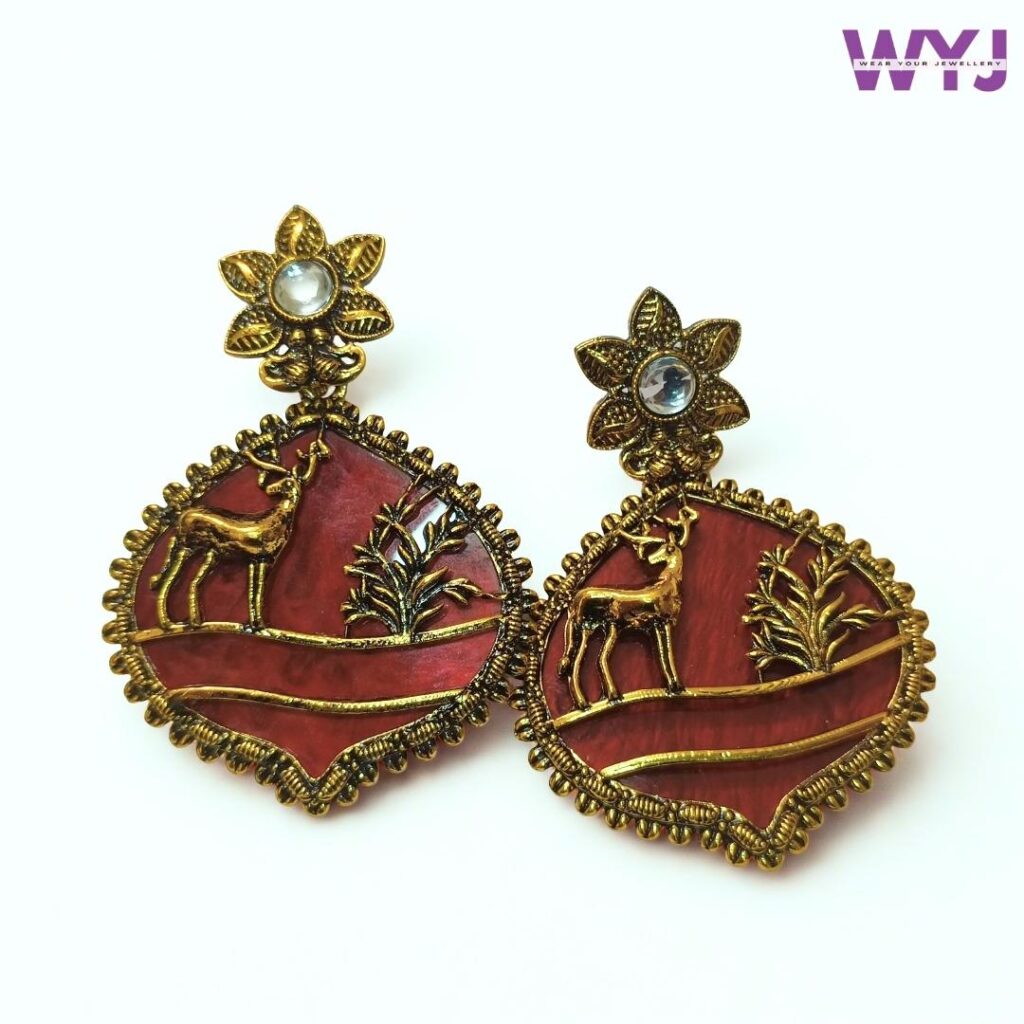 Antique Gold Deer Design Earrings with Red Stone – Oxidised Ethnic Statement Jewellery