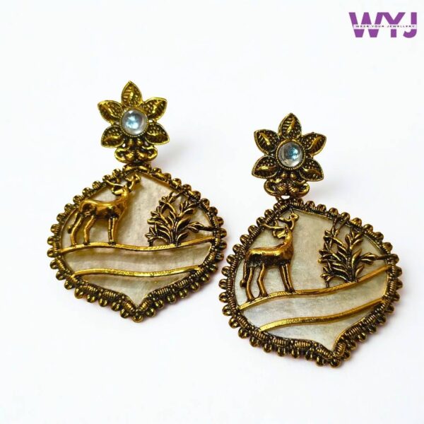 Antique Gold Finish Deer Design Earrings with Floral Stud – Traditional Ethnic Jewellery for Women