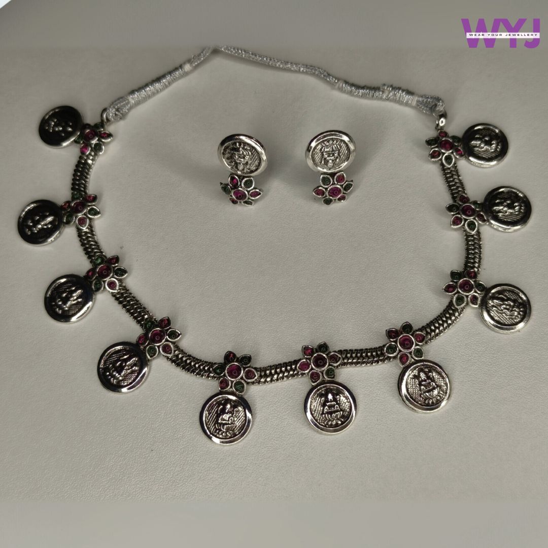 Oxidised Lakshmi Coin Necklace Set with Earrings