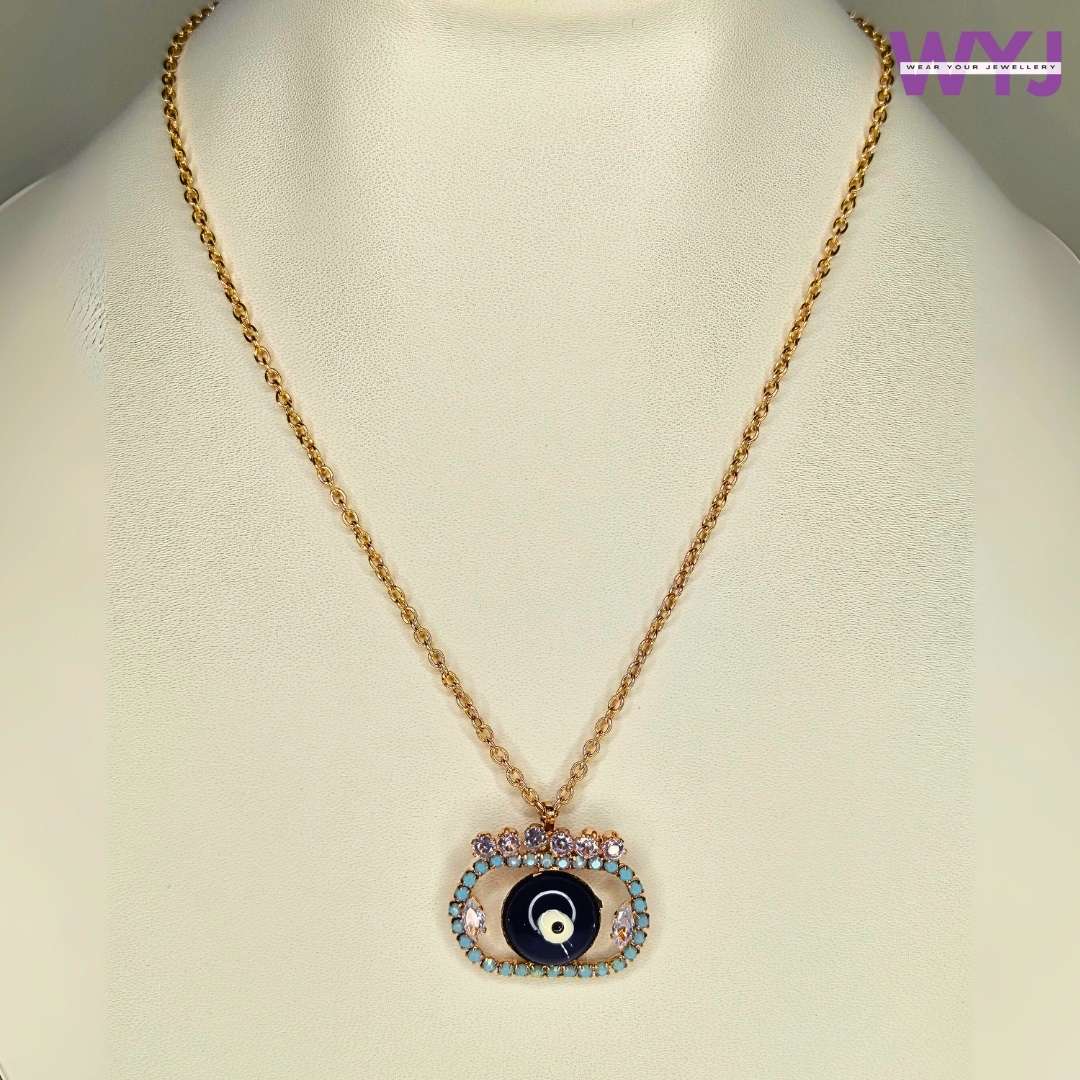 www.wearyourjewellery.com Gold‑Tone Evil Eye Pendant Necklace with Enamel & Crystal Halo | Protective Talisman by Saaga