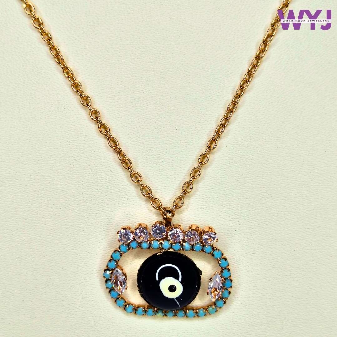www.wearyourjewellery.com Gold‑Tone Evil Eye Pendant Necklace with Enamel & Crystal Halo | Protective Talisman by Saaga